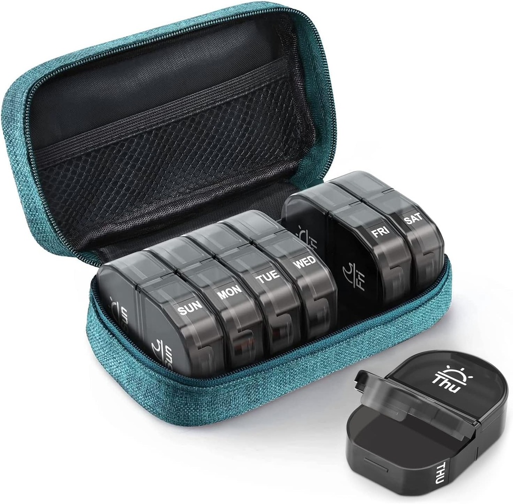 AUVON Canvas taske Travel Pill Organizer 2 gange om dagen, Stor AM / PM Ugentlig Pill Box 7 dag Pill sag med transportabel cyan lynlås taske til holding kosttilskud, vitaminer og fiskeolier