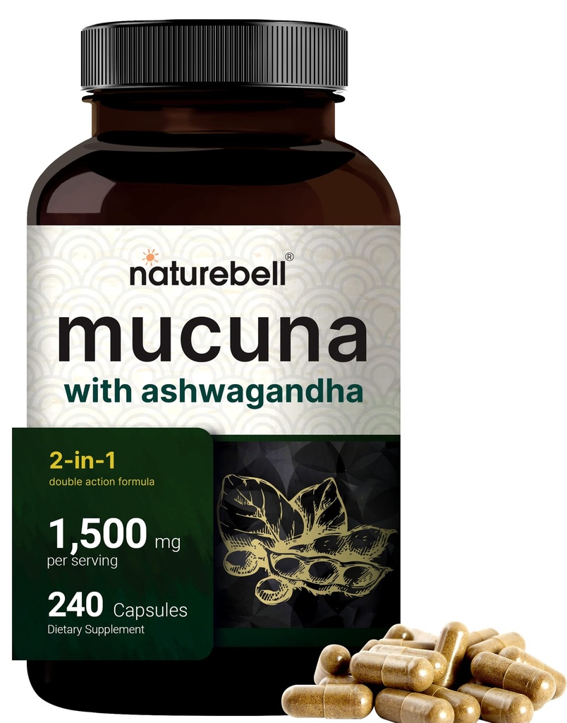 Mucuna Pruriens kapsler, Triple Strength 1500mg Per Serving, 2 i 1 Formel, Lavet med Mucuna og Ashwagandha, 240 Kapsler, Potent Seed Extract, Positive Mood, Afslapning & Restoration Support