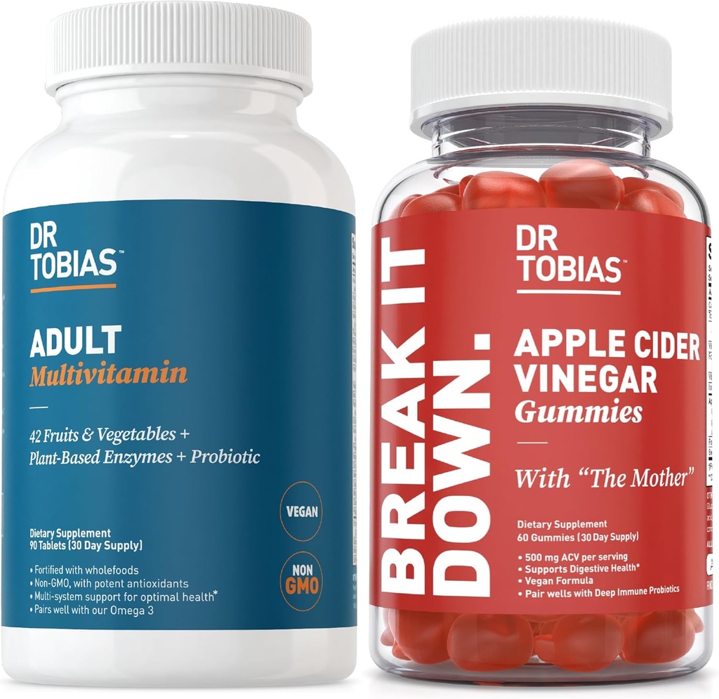 Dr. Tobias Voksen Multivamin & Apple Cider Vincious Gummies, Understøtter energi, Immunitet & Gut Sundhed, med 42 Frugter & Grøntsager Plus Probiotika, Cludes The Mother, FOLate, B12