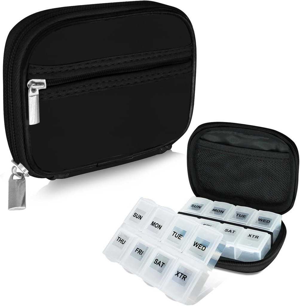 Serfeymi Weekly Travel Pill Organizer Pill Case for Purse with Removable 7 Day Pill Box, Fashionable Travel Medicine Organizer Pill Container for Medicine, Vitamin, Supplement - Black 01 + Pill Box