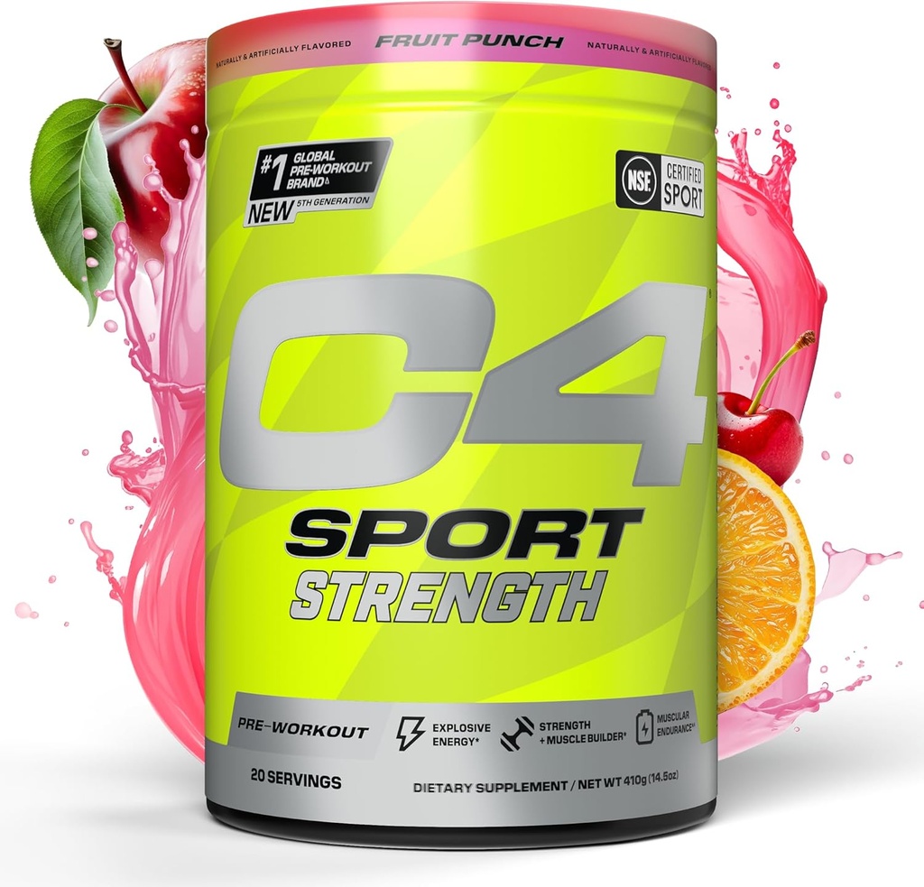 Cellucor C4 Sport Strength Pre Workout Powder - NSF Certified for Sport - Beta-Alanine, Creatin, 200mg Koffein - Sukker Free Energy Supplement for mænd og kvinder - Frugt Punch, 20 Servering