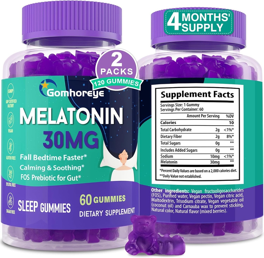 Melatonin Gummies 30mg til voksne - Maksimal styrke Melatonin Gummies til afslapning og lindring, Exogent Melatonin tillæg med FOS til immunforsvar, Gut sundhed og pH balance, Sukker Free -120 Tæller