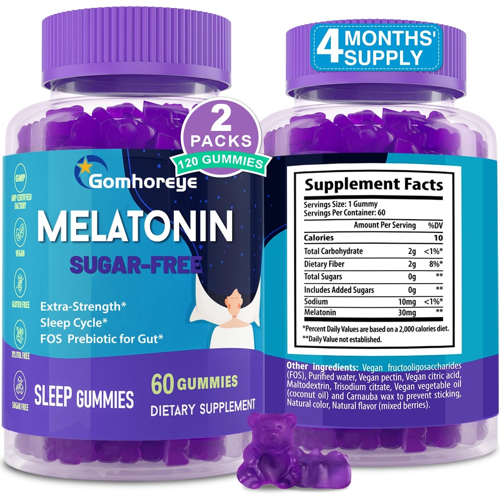 Melatonin Gummies 30mg til voksne - Maksimal styrke Melatonin Gummies til afslapning og lindring, Exogent Melatonin tillæg med FOS til immunforsvar, Gut sundhed og pH balance, Sukker Free -120 Tæller