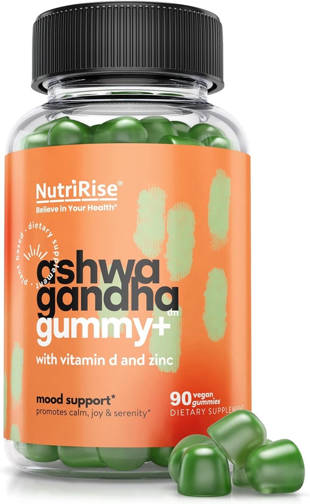 Nutririse High Potency Ashwagandha Gummies with Vitamin D, Zinc, Supports Natural Relaxation, Sleep & Immunity, Spinach Powder Superfood, 30:1 Concentrated Root Extract Equivalent to 2250 mg, 90 Count