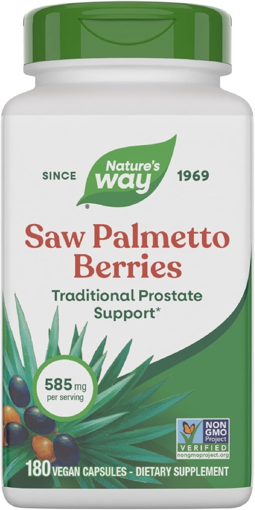 Nature 's Way Saw Palmetto Berries, Traditional Prostate Support *, 585 mg per servering, Non-GMO Project Verified, Vegan, 180 Kapsler