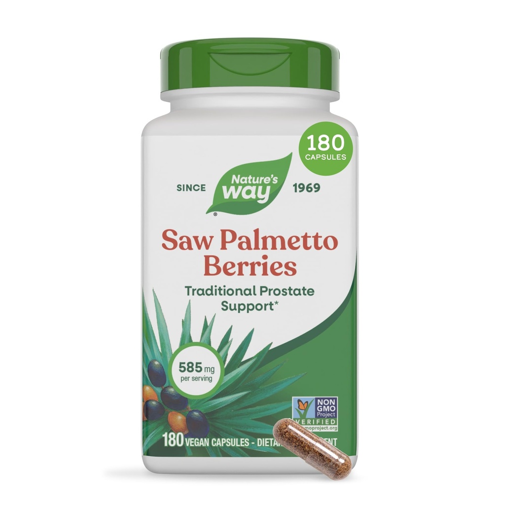 Nature's Way Saw Palmetto Berries, Traditional Prostate Support,* Herbal Supplement for Men, 585 mg per Serving, Non-GMO Project Verified, Vegan Capsules, 180 Count