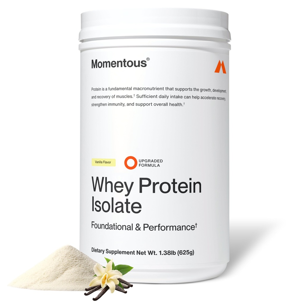 Momentous Essential Grass- Fed Whey Protein Powder - 20 g Whey Isolate Protein - NSF Certified for Sport - Gluten- Free - 24 Serveringer for Essential Everyday Use - Vanilla - Pakke May Vary