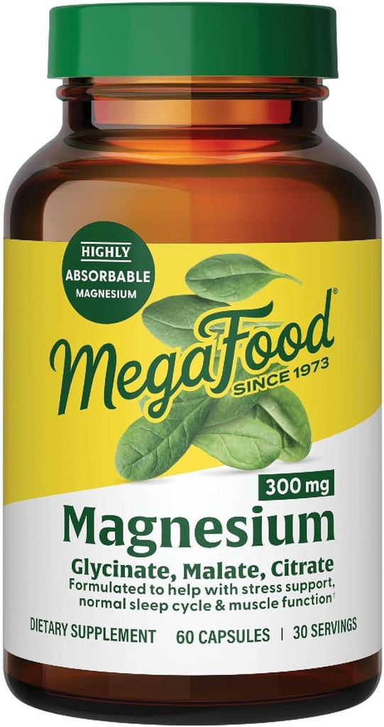 MegaFood Magnesium Glycinat, Citrate, Malat 300mg Supplement - Meget Absorbable Blend til Support Heart, Nerve Sundhed & Afslapning, Triple Magnesium Complex Supplement, 60 Kapsler (30 Servere)