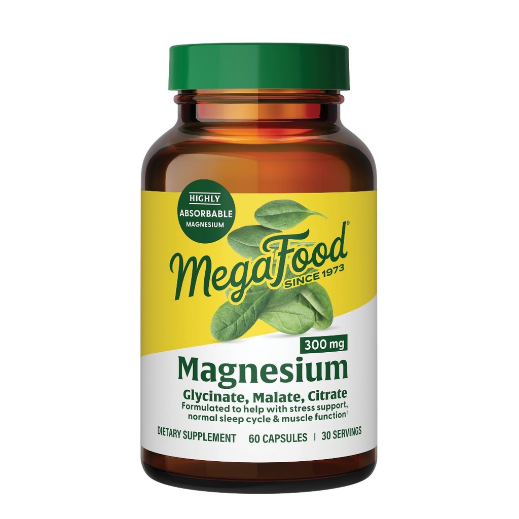 MegaFood Magnesium Glycinat, Citrate, Malat 300mg Supplement - Meget Absorbable Blend til Support Heart, Nerve Sundhed & Afslapning, Triple Magnesium Complex Supplement, 60 Kapsler (30 Servere)