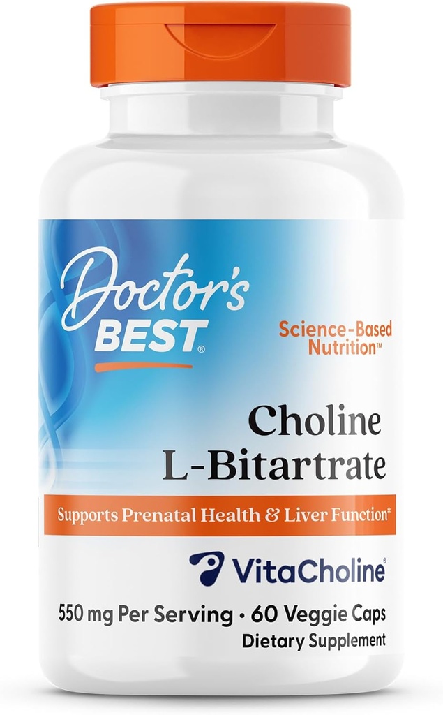Doctor 's Best Cholin L- Bitartrate (VitaCholin), Understøtter Prenatal Sundhed & Leverfunktion, Non- GMO, Gluten Free, Soy Free, Vegan 60 Veggie Caps
