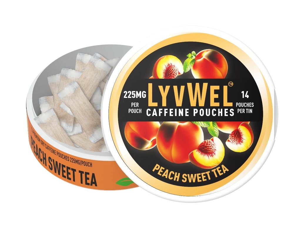 LyvWel Ultra Coffein Pouch - Peach Sweet Tea - 225mg Natural Coffein with Guarana - Clean Energy for Focus & Food - 1-Pack (15 Pouches)