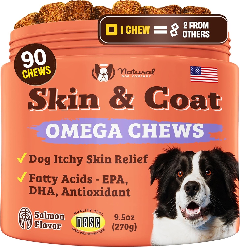 Natural Dog Company Skin & Coat Supplement for hunde - Omega 3 Salmon Oil, Biotin & E-vitamin Support Shiny Coat, Sund hud & Normal Shedding, fremmer komfort fra lejlighedsvis Itch, 90 Greve