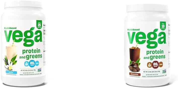 Vega Protein and Greens Protein Powder, Vanilla - 20g Plant Based Protein Plus Veggies, Vegan & Protein og Green Protein Powder Chocolate (19 Servere) - 20g Plant Based Protein Plus