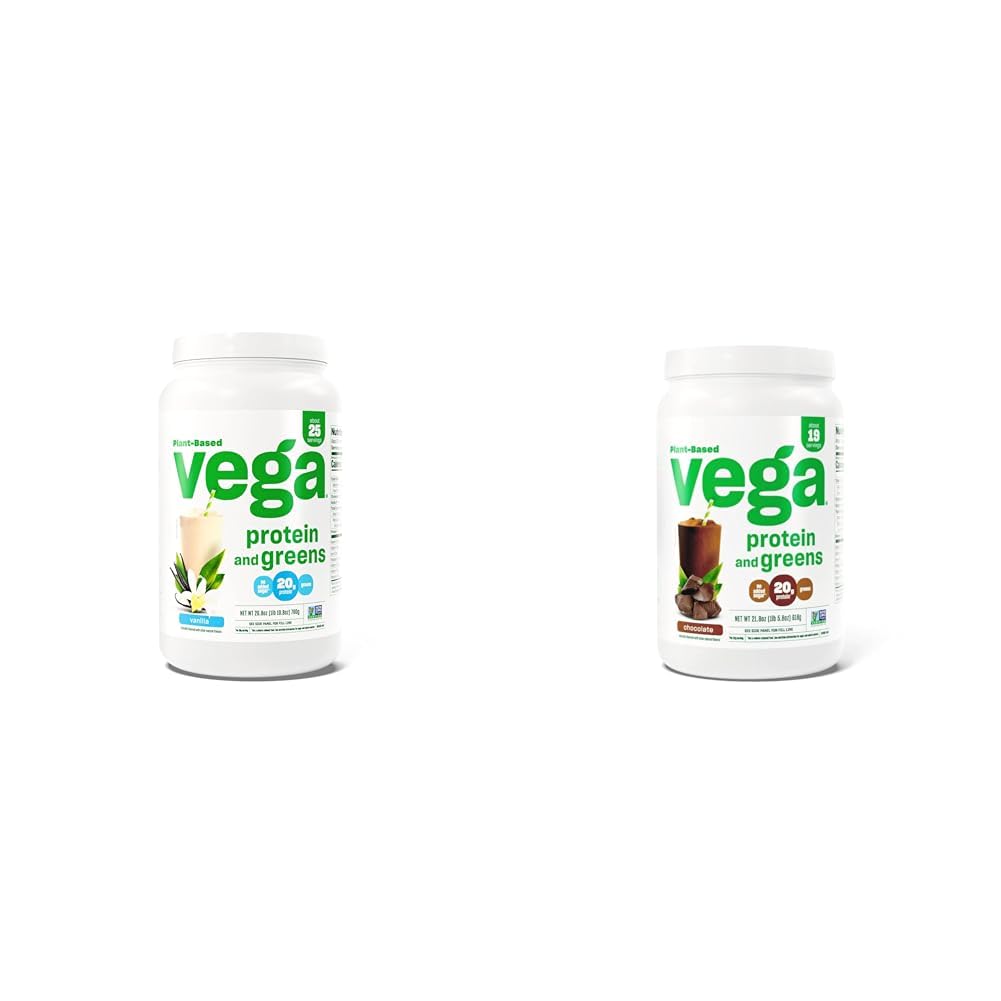 Vega Protein and Greens Protein Powder, Vanilla - 20g Plant Based Protein Plus Veggies, Vegan & Protein og Green Protein Powder Chocolate (19 Servere) - 20g Plant Based Protein Plus