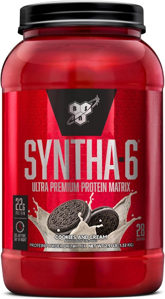 BSN SYNTHA- 6 Whey Protein Powder, Micellar Casein, Milk Protein Isolate Powder, Cookies og Cream, 28 Servere (Pakke Maj Vary)