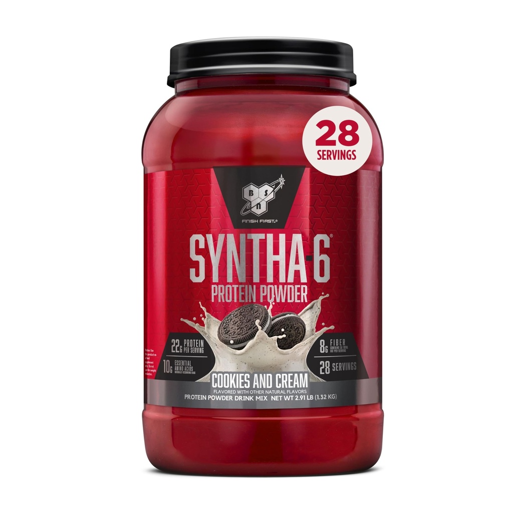 BSN SYNTHA- 6 Whey Protein Powder, Micellar Casein, Milk Protein Isolate Powder, Cookies og Cream, 28 Servere (Pakke Maj Vary)