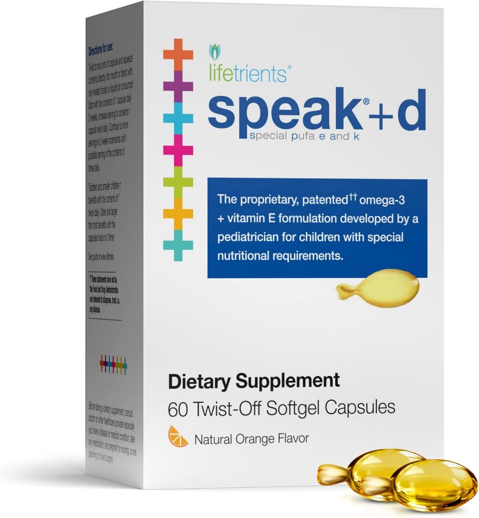 Lifetrients Speak + d Twist- Off Softgels - Natural Orange - 60 Softgels - Pediatrician Formuleret til at støtte børn med særlige ernæringsmæssige krav - Forbedret med Omega-3, E-vitamin & D3