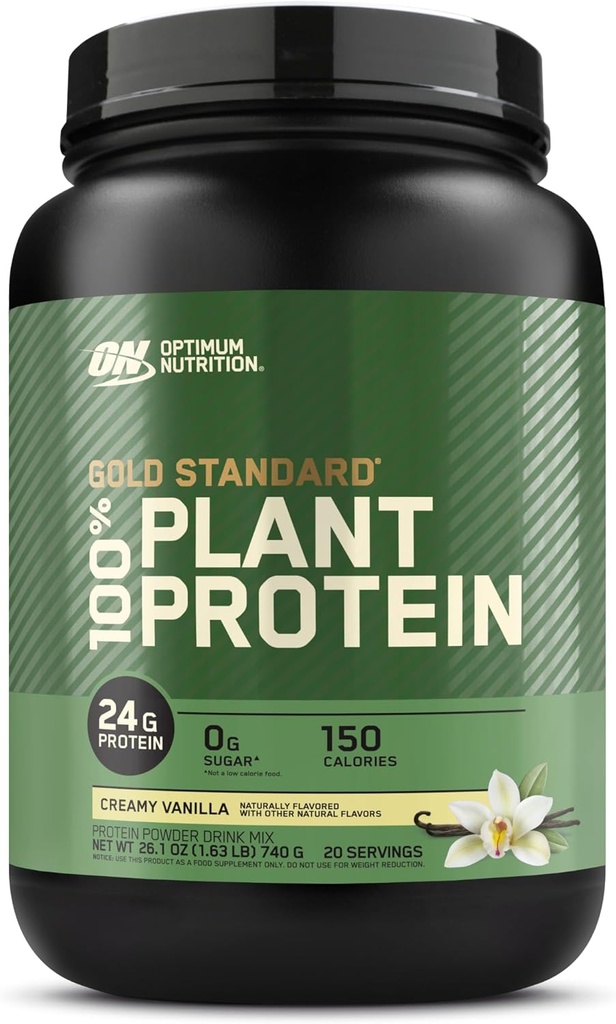 Optimum Nutrition Gold Standard 100% Plant Based Protein Powder, Gluten Free, Vegan Protein for Muscle Support and Recovery med Aminosyrer - Creamy Vanilla, 20 Servere (Packaging May Vary)