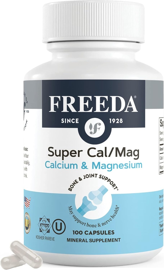 Freeda Super Cal / Mag - Kosher Vegan Bone Health Supplement - Understøtter Knoglestyrke, Nerve Funktion & Muskel Afslapning - Vegetarisk Calcium Magnesium Kapsler - Third-Party Testet - (100 Kapsler)