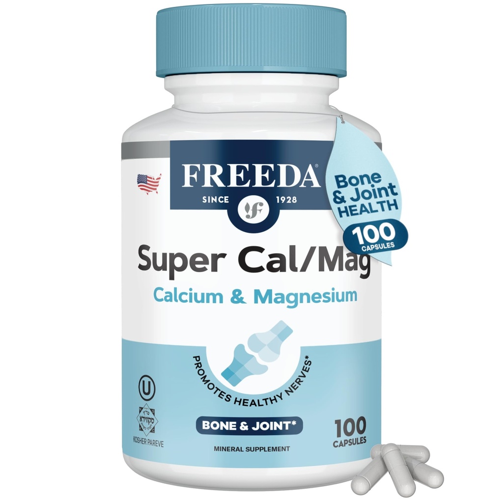 Freeda Super Cal / Mag - Kosher Vegan Bone Health Supplement - Understøtter Knoglestyrke, Nerve Funktion & Muskel Afslapning - Vegetarisk Calcium Magnesium Kapsler - Third-Party Testet - (100 Kapsler)