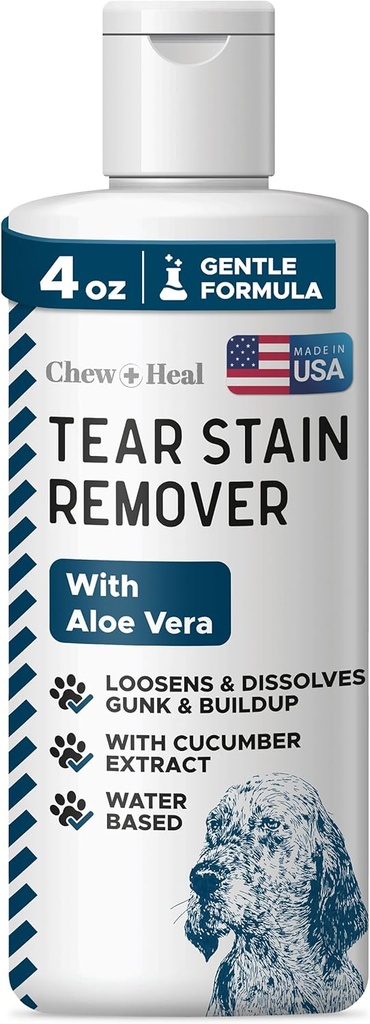 Chew + Heal Labs Pet Tear Stain Remover for hunde - 4 oz Vandbaseret hund øje vask & Cleaner - Opløser Gunk & Buildup - Aloe Vera & Cuckumber Extract
