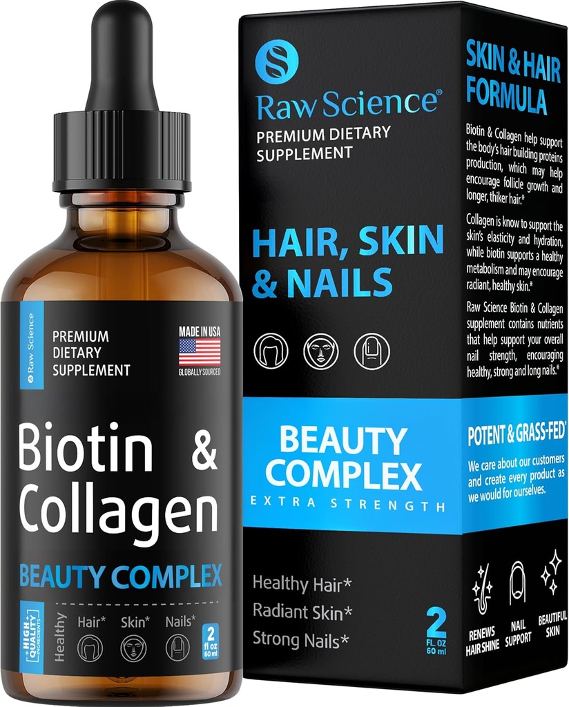 Flydende Collagen & Biotin Kosttilskud til hårvækst - Biotin 10000mcg Collagen Peptider 20000mcg Drops - Hår Vitaminer til hårtab for kvinder & mænd, hud og negle Styrker - Made in USA, 2 floz