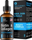 Flydende Collagen & Biotin Kosttilskud til hårvækst - Biotin 10000mcg Collagen Peptider 20000mcg Drops - Hår Vitaminer til hårtab for kvinder & mænd, hud og negle Styrker - Made in USA, 2 floz