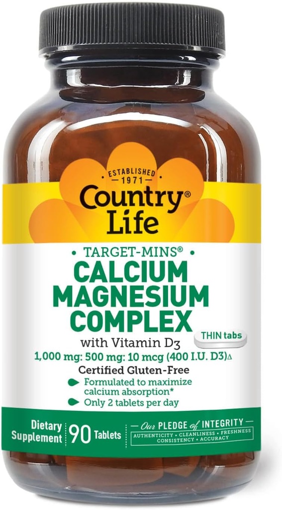 Country Life Target- Mins Calcium Magnesium med vitamin D- complex, 1000mg / 500mg / 10mcg, 90 tabletter, Certificeret Gluten Free, Certificeret Vegetar