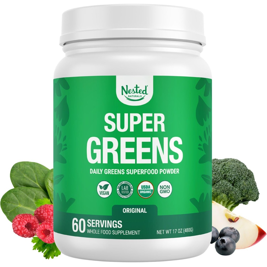 Nested Naturals Super Green Daily Superfood Powder - Certificeret USDA Organic Green Powder w / 20 + Whole Foods, Spirulina Powder, Hvede & Barley Grass - Probiotika, Fiber & Enzymes - Original Flavor, 60