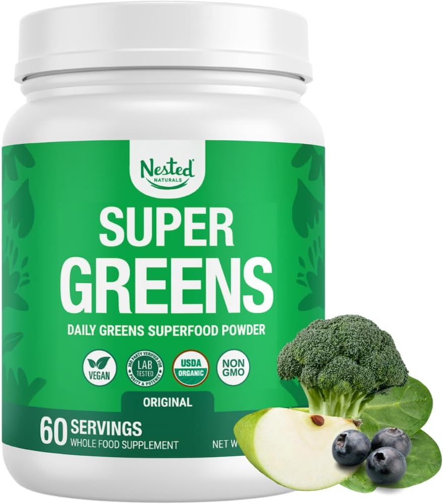 Nested Naturals Super Greens Daily Superfood Powder - Certified USDA Organic Green Powder w/20+ Whole Foods, Spirulina Powder, Wheat & Barley Grass - Probiotics, Fiber & Enzymes - Original Flavor, 60