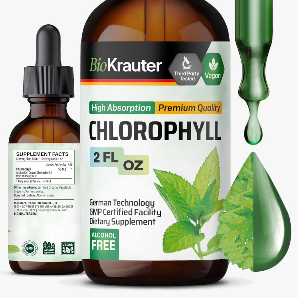 BIO KRAUTER Flydende Chlorophyll Drops - Rengøring og immunforsvar - Intern deodorant - Natriumkobber Chlorophyllin Extract Supplement - 2 fl oz