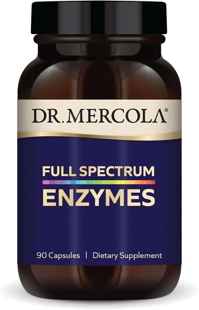Dr. Mercola Full Spectrum Enzymes - 22 forskellige enzymer - Understøtter fordøjelse og immunforsvar - Hjælper med de største kulhydrater, Fedtstoffer, Proteiner & fibre - Non- GMO, Gluten- Free & Soy- Free - 90 kapsler