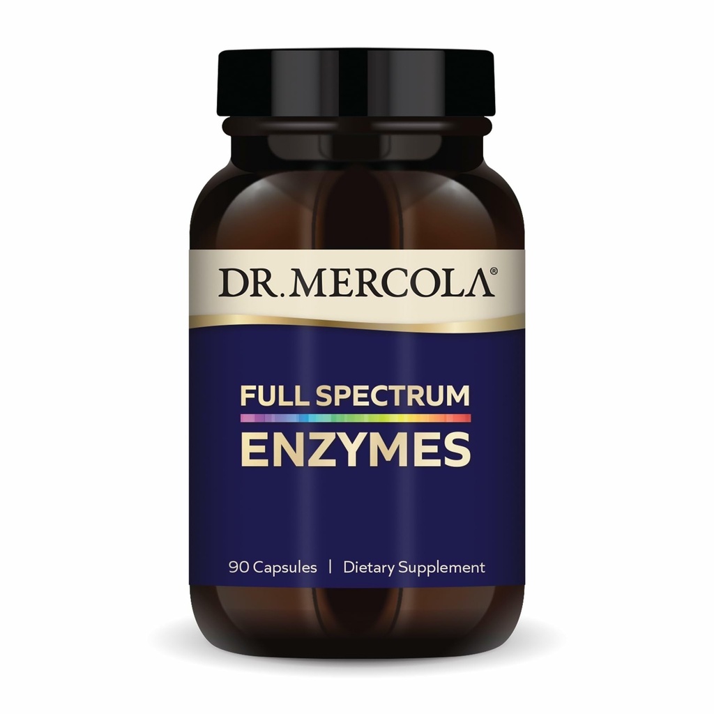 Dr. Mercola Full Spectrum Enzymes - 22 forskellige enzymer - Understøtter fordøjelse og immunforsvar - Hjælper med de største kulhydrater, Fedtstoffer, Proteiner & fibre - Non- GMO, Gluten- Free & Soy- Free - 90 kapsler