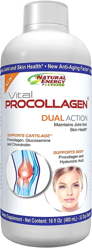 Natural Energy Vital Procollagen - Liquid Hydrolyzed Collagen Protein with Hyaluronic Acid and Glucosamine Chondroitin Sulfate Anti-Aging Factor for Men and Women 16oz |New Snickerdoodle Flavor|
