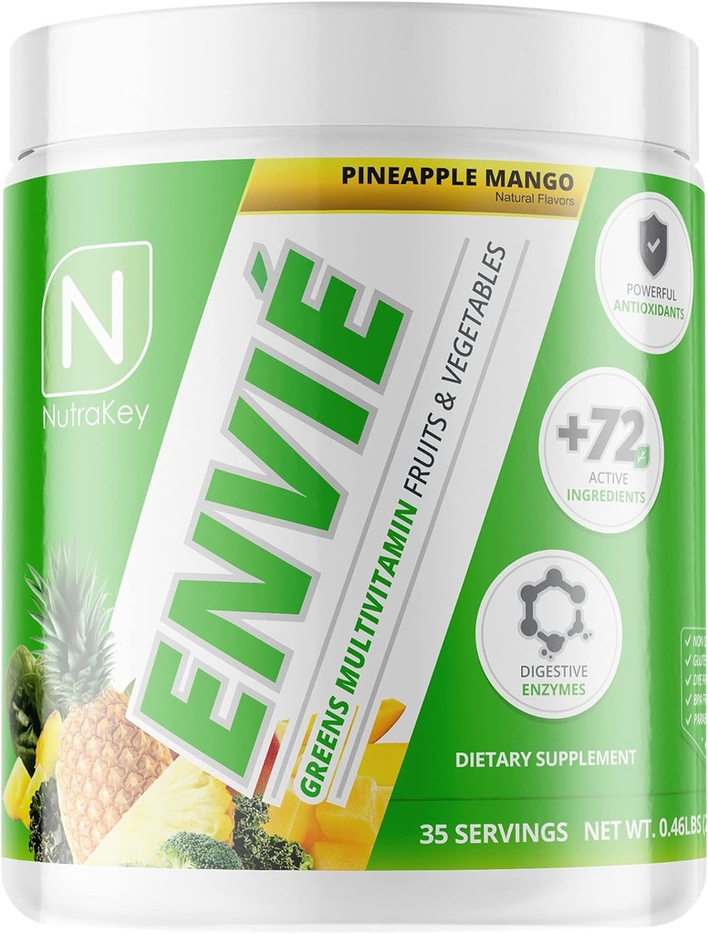 NutraKey Envie Multivitamin Powder, Keto MultiVitamin til mænd og kvinder, Frugter, Grønne, Antioxidanter, fordøjelsesenzymer, Aminosyrer, Vitamin B Organic Powder (Ananas, 210g)