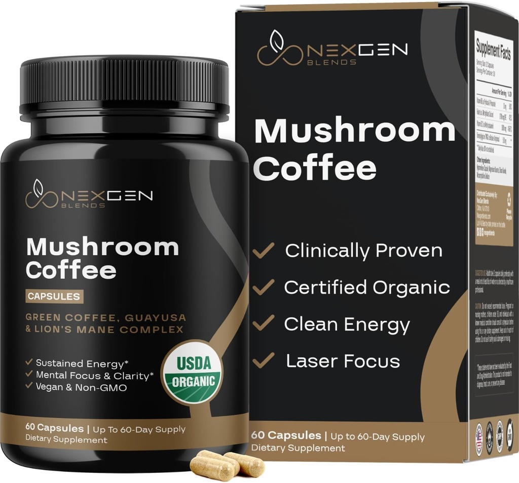 100% Økologiske champignon kaffekapsler - Natural Energy Supplement med 130mg Koffein fra klinisk proven Patenteret Green Coffee Bean & Guayusa Ekstrakter til Jitter- Free Energy & Focus (60 Servere)