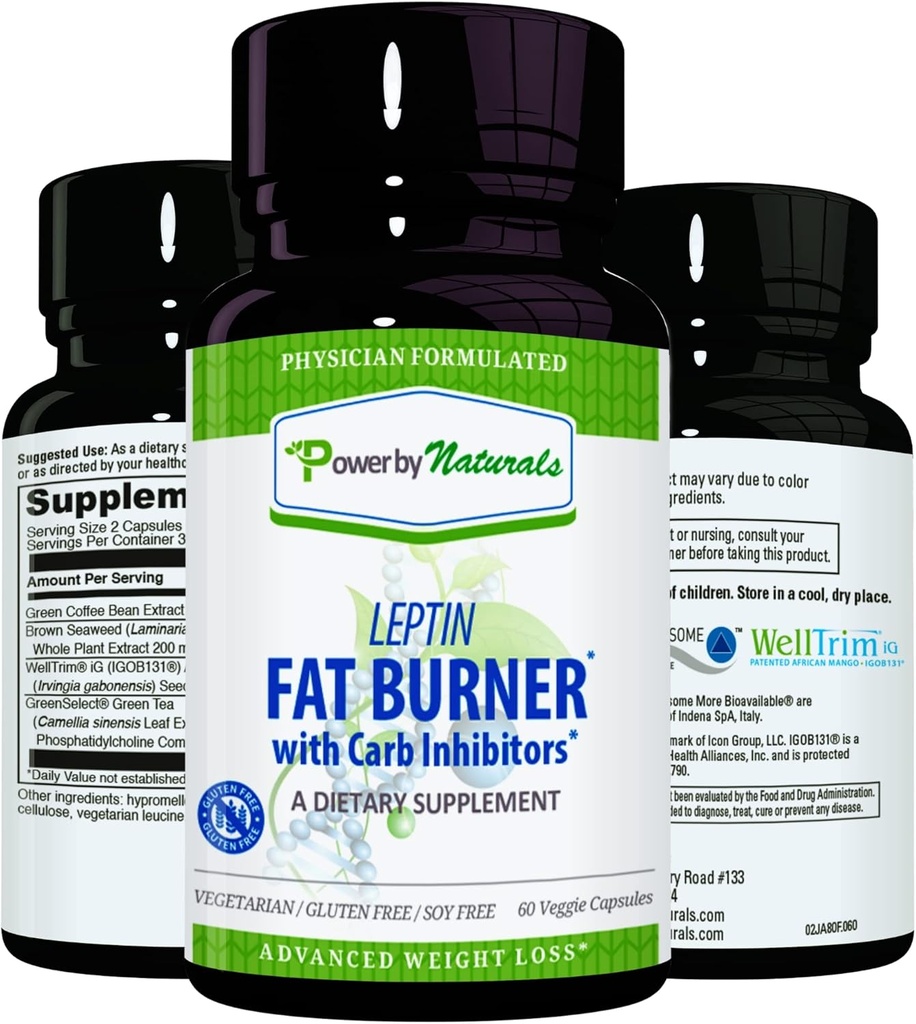 Power by Naturals: Leptin Fat Burner med Carb Blocker - 60 Gluten- Gratis kapsler, Leptin Vægttab Diet piller, Effektiv Fat Burner, Appetite Suppressant