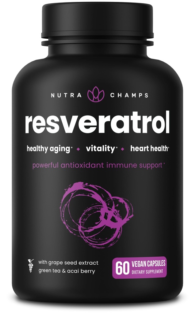 NutraChamps Resveratrol supplement, ekstra styrke Formel for sund aldring, immunforsvar, 60 Vegan kapsler med Trans- Resveratrol, Green Tea Leaf, Acai Berry & Grape Seed Extract