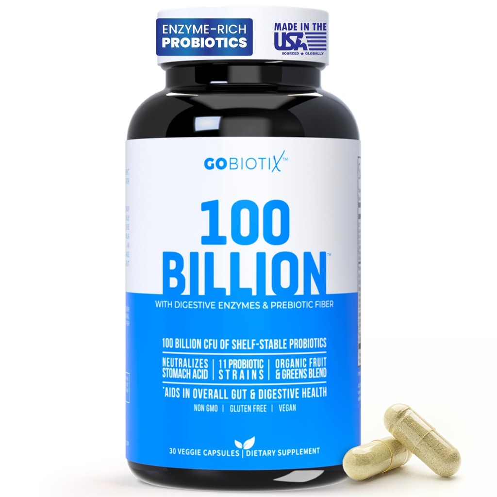 GOBIOTIX 100 milliarder - fordøjelsesenzymer supplement - Probiotika Multivitamin - Prebiotic Fiber Blend - 100 milliarder CFU - Økologisk frugt og grønne blend - Vegan, ikke GMO - 30 kapsler