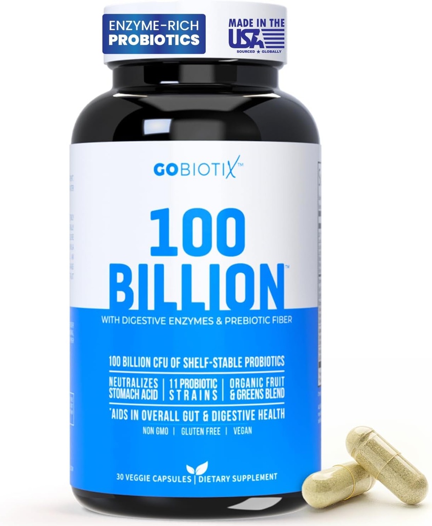 GOBIOTIX 100 milliarder - fordøjelsesenzymer supplement - Probiotika Multivitamin - Prebiotic Fiber Blend - 100 milliarder CFU - Økologisk frugt og grønne blend - Vegan, ikke GMO - 30 kapsler