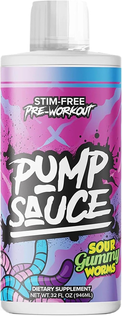 Pump Sauce Pre-Workout - 32 oz, Sour Gummy Worms, No Caffeine, Full Spectrum Liquid, Gluten Free, Vegan, Zero Sugar