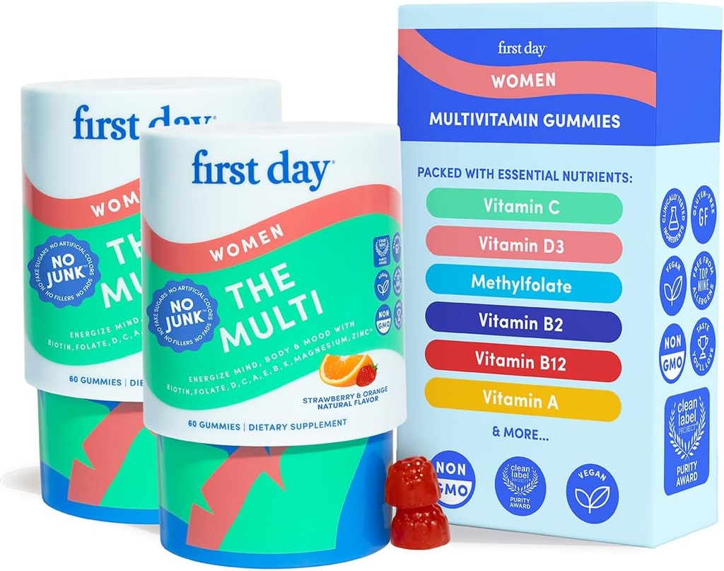 Første dag Multivitamin til kvinder - Daily Womens Multivitamin Gummies - Vitamin A C D E B12, Magnesium, Zink, Biotin - Vegan, Gluten Free Womens Vitamin - Hårvækst, hud, energi - 60 dages forsyning