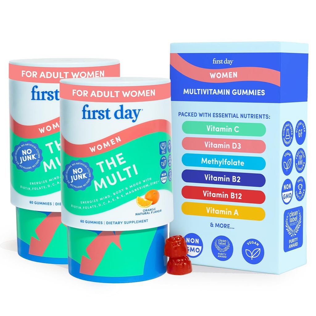 FIRST DAY Women's Multivitamin Gummies for Energy, Hair & Overall Health – Daily Multivitamin with Organic Superfood Blend, Methylated Folate, Zinc & Biotin – Vegan, No Junk, 120 Gummies
