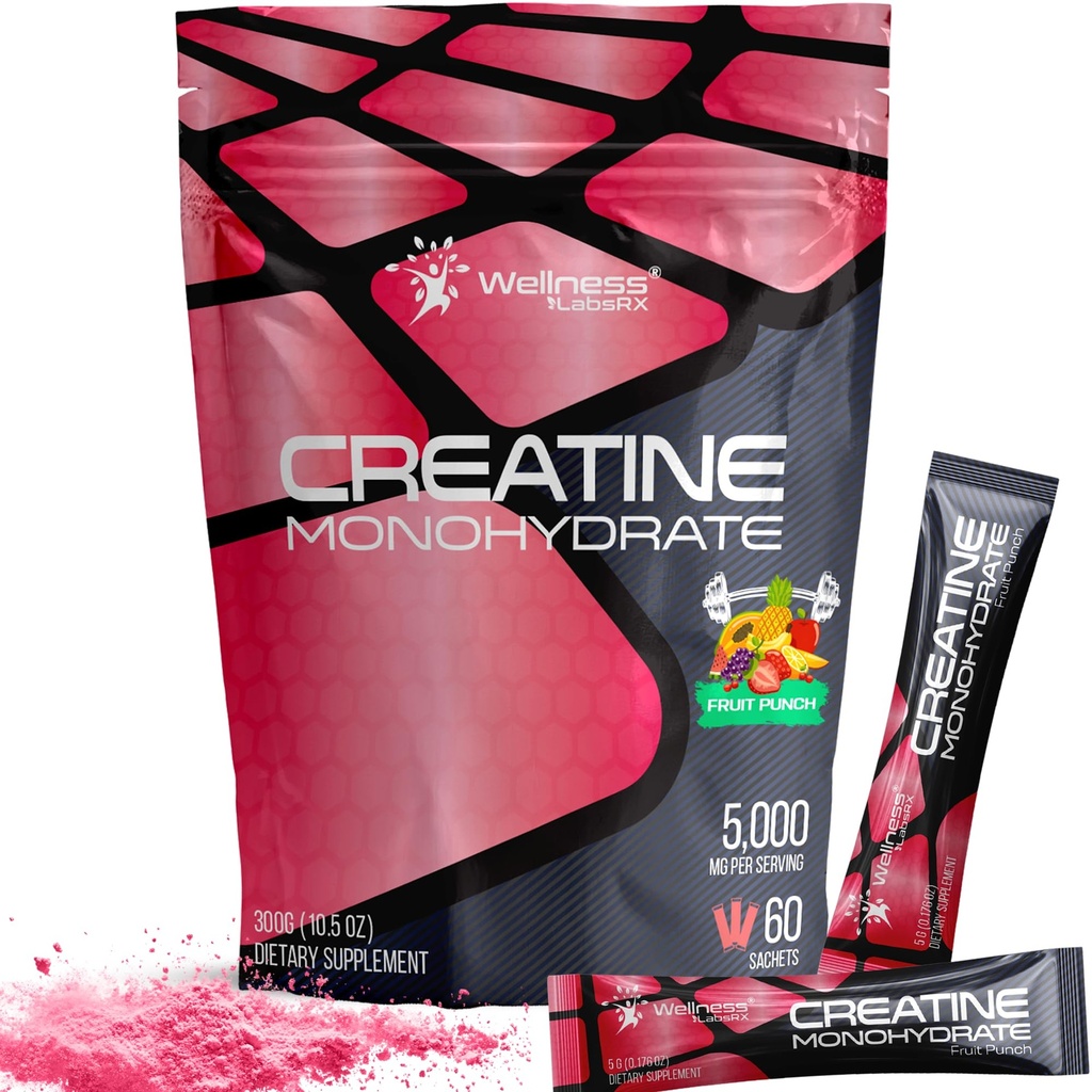 WELLENess LASSRX Creatine Monohydrat Powder - 5000mg, Fruit Punch Flavor - 60 Sachets - 300g
