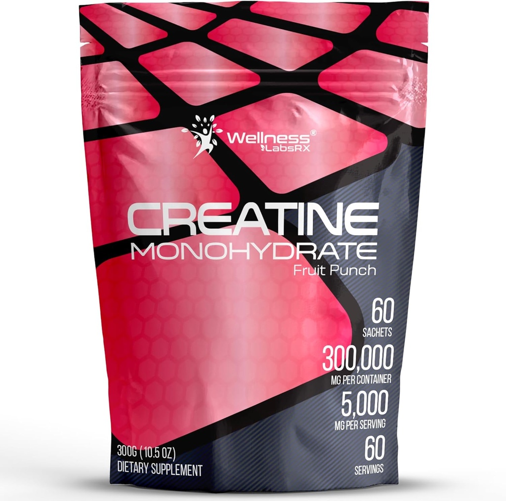 WELLENess LASSRX Creatine Monohydrat Powder - 5000mg, Fruit Punch Flavor - 60 Sachets - 300g
