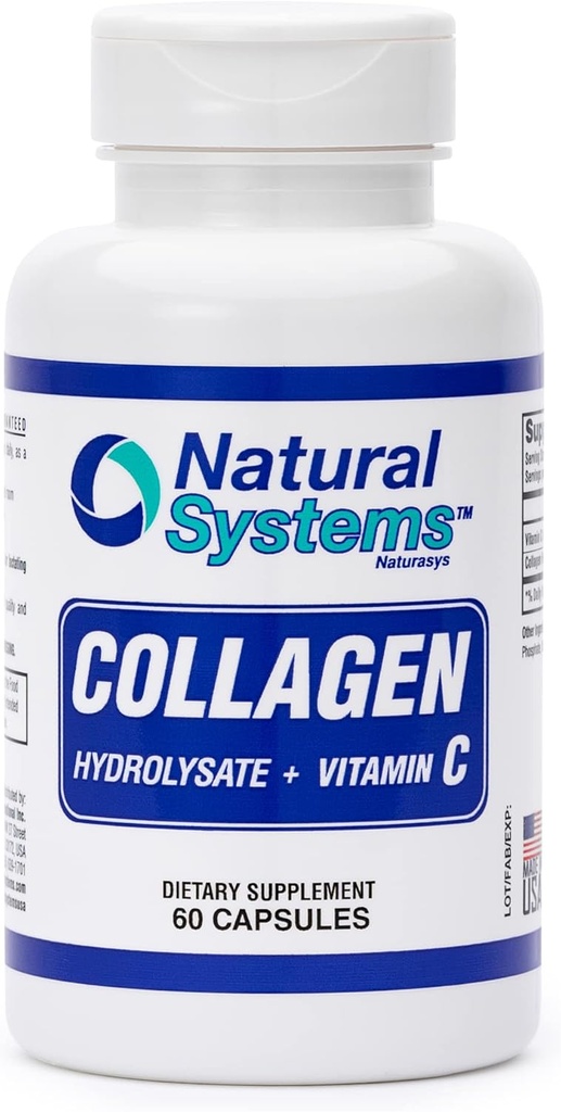 Collagen Plus C-vitamin fra naturlige systemer 60 kapsler - Collagen Hydrolysat og C-vitamin til vital hår og hud - Collagen kosttilskud kvinder og mænd - Hydrolyzed Collagen Peptider pulver piller