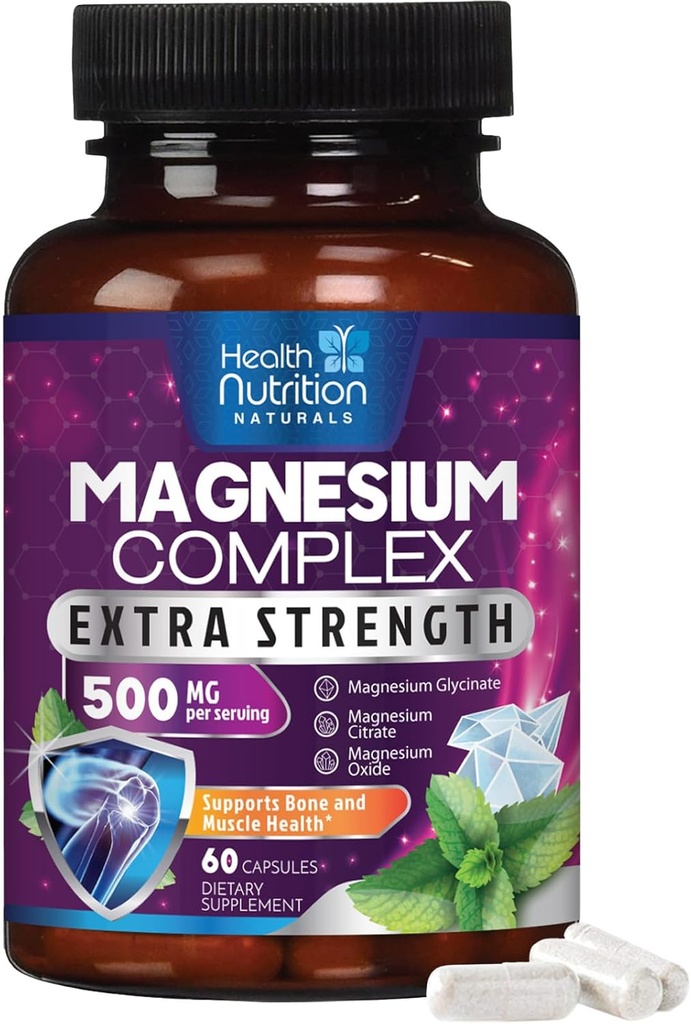 Magnesium Complex Capsules 500 mg with Oxide, Glycinate, Malate, Citrate - High Absorption Complex Chelated Magnesium Mineral Supplements - for Muscle, Bone and Heart Health Support - 60 Capsules