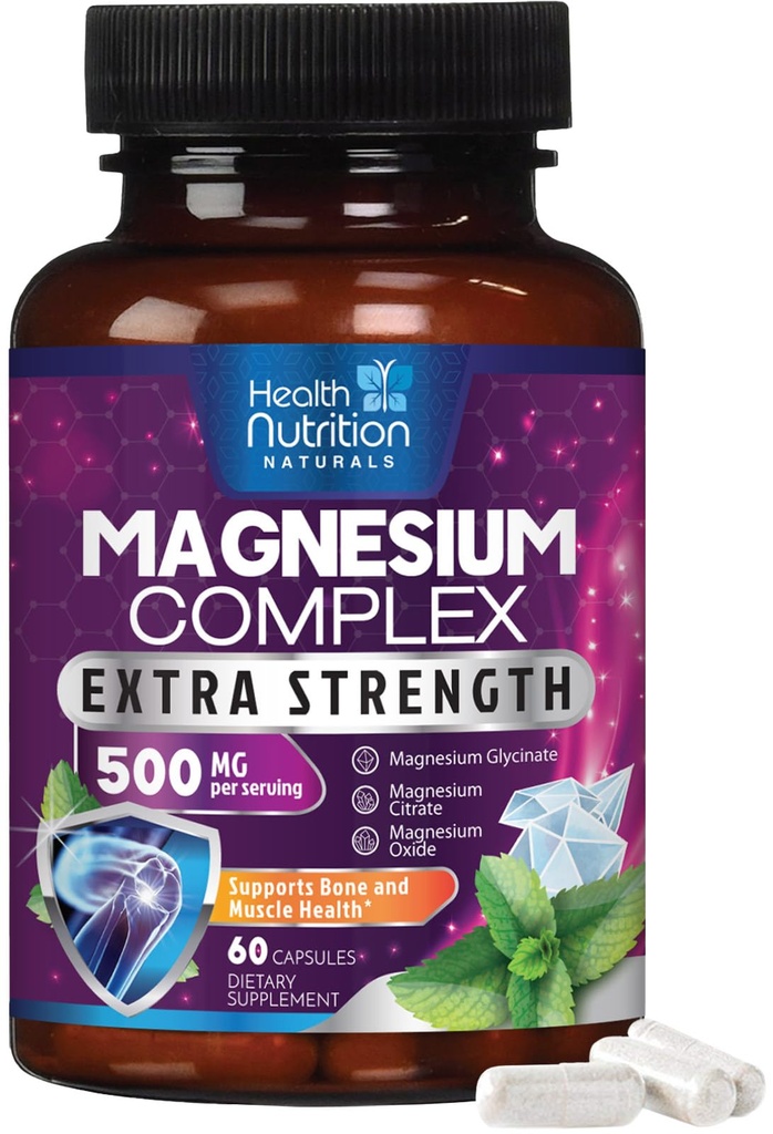 Magnesium Complex kapsler 500 mg med oxide, glycinat, malat, citrat - Høj Absorption Complex Chelated Magnesium Mineral Supplements - for muskel, ben og hjerte sundhed support - 60 kapsler