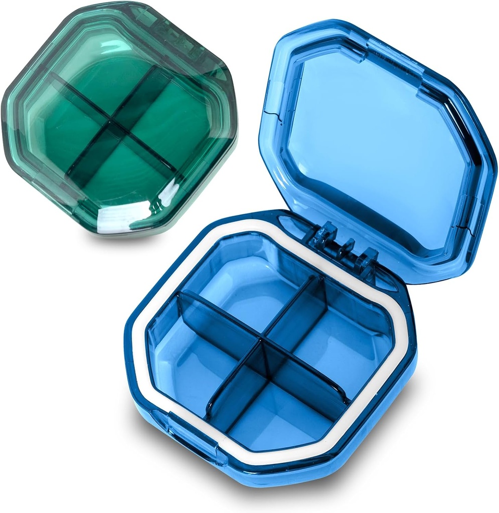 Daily Pill Organizer, 2 Pack 4 Compartments Small Pill Box Portable Pill Case, Travel Pill Organizer for Purse Pocket til at holde vitaminer, Torve leverolie, Kosttilskud og medicin (blå + grøn)