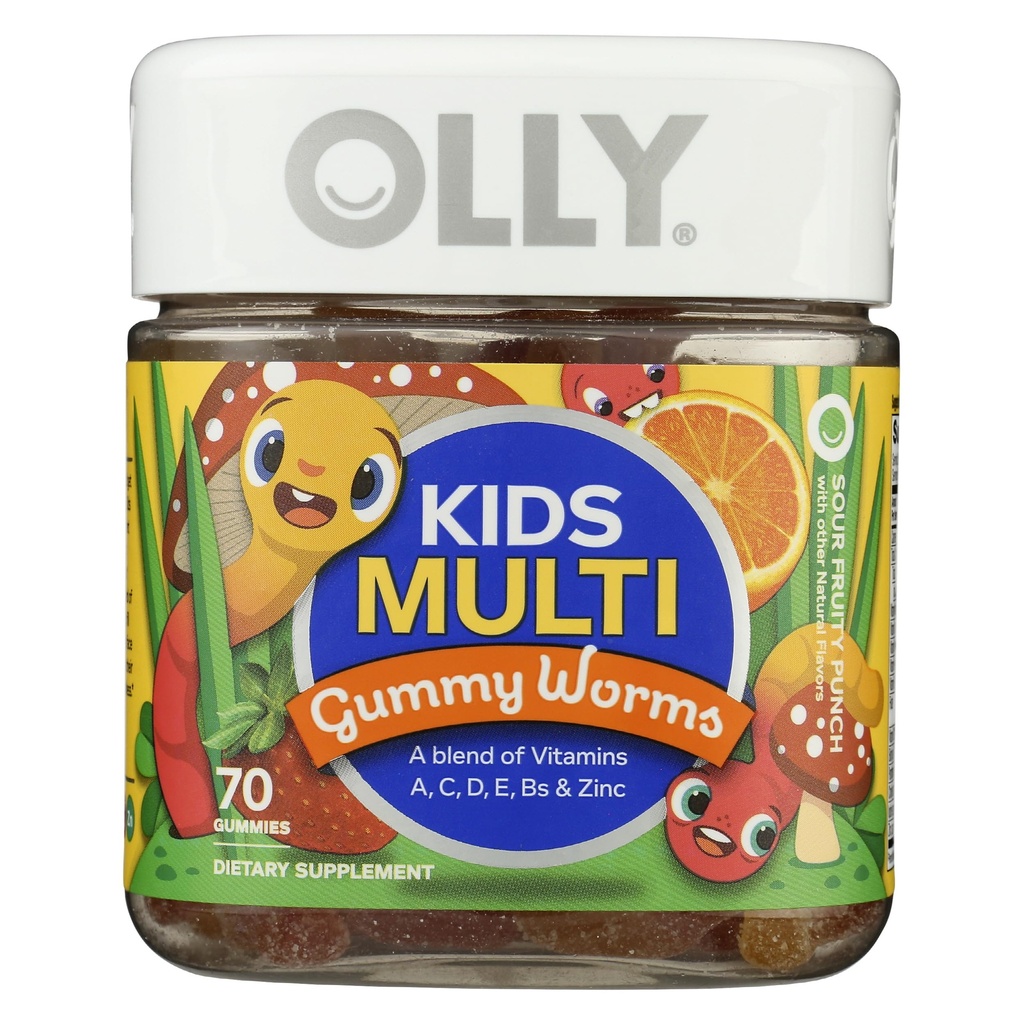 OLLY Kids Multivitamin Gummy Worms, Overall Health and Immune Support, Vitamins and Minerals A, C, D, E, Bs and Zinc, Chewable Supplement, Sour Fruit Punch, 45 Day Supply - 70 Count
